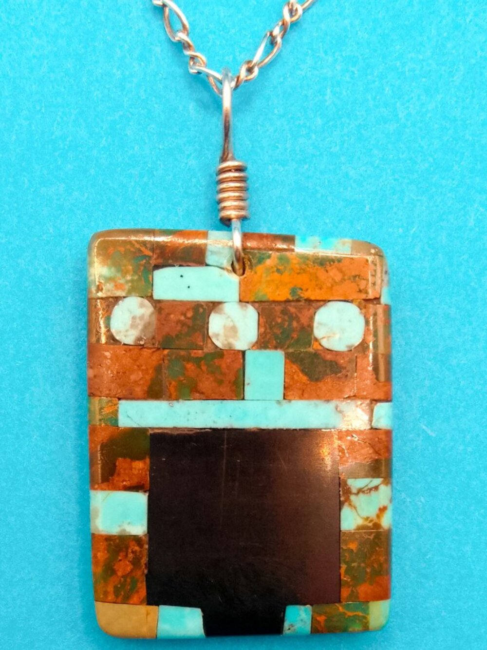 Santo Domingo Pueblo Inlay Turquoise Multi Stone Pendant Sterling Silver Chain